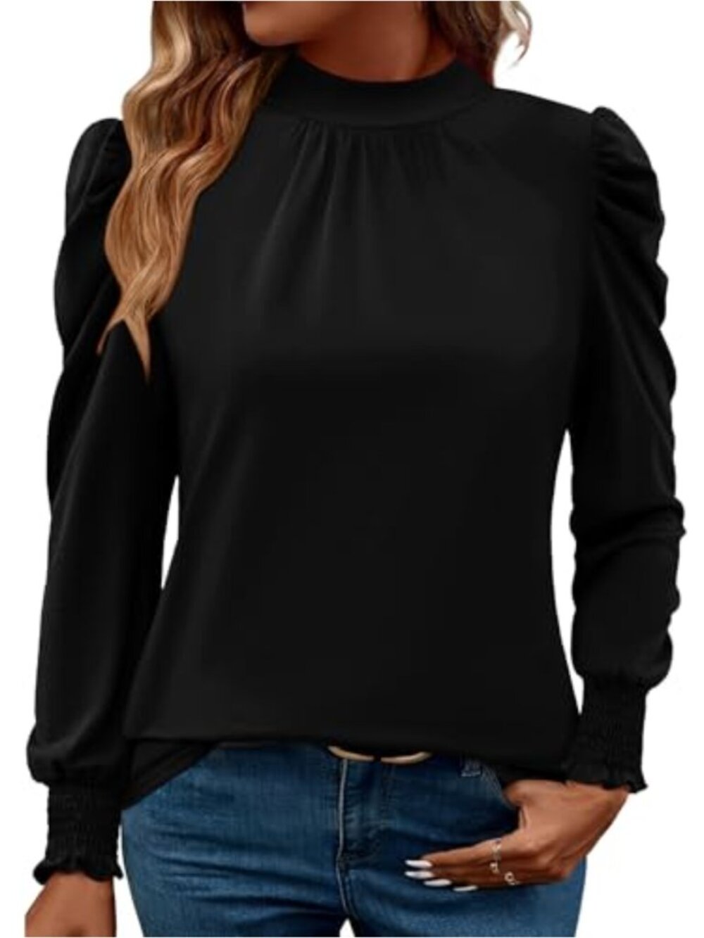 Women's Puff Long Sleeve Blouse Frill Mock Neck Smocked Cuffs Dressy Casual Top